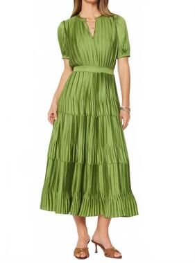 NEW CURRENT AIR short sleeve pleated maxi dress in chartreuse